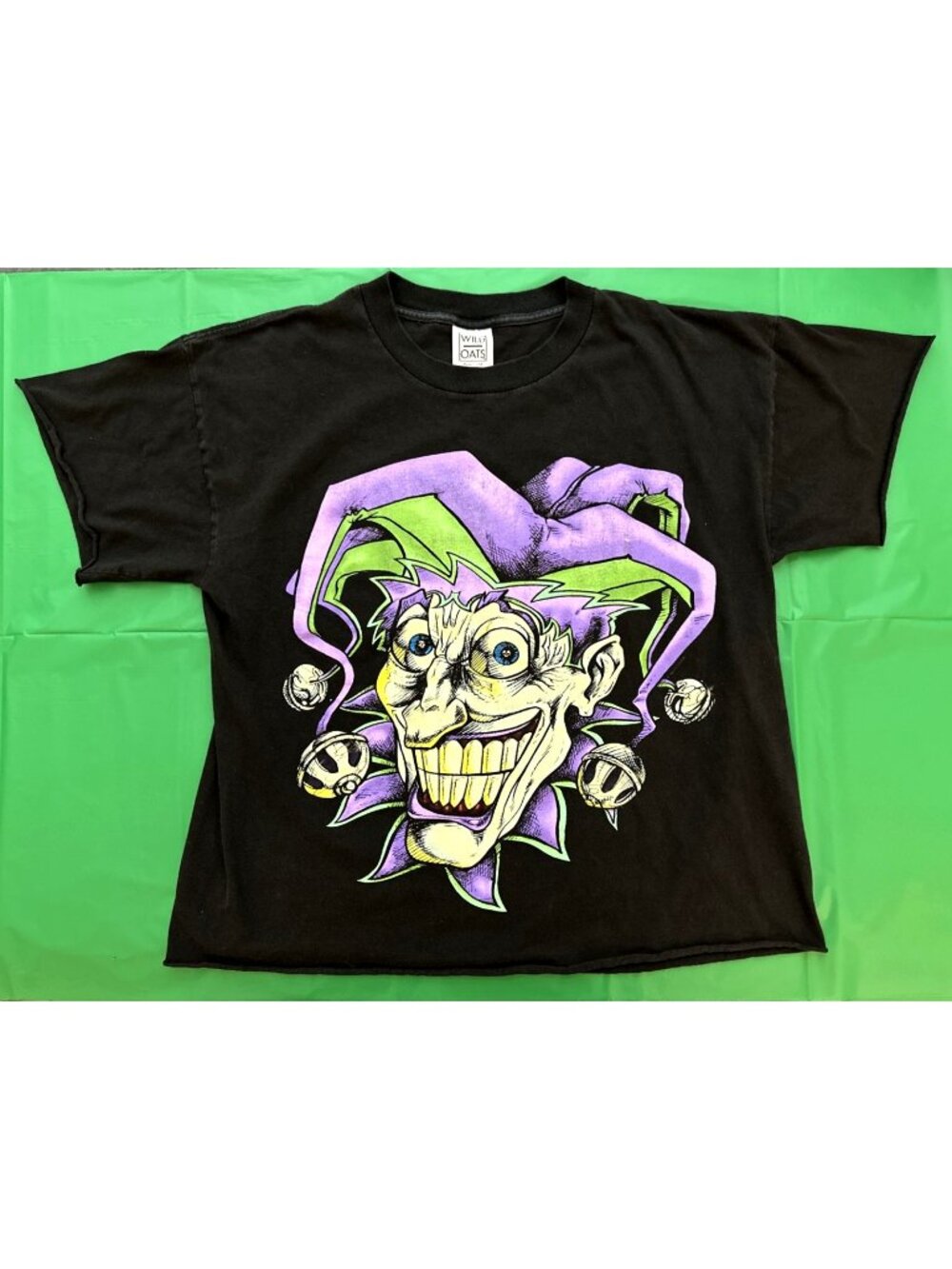 Vintage 1994 Wild Oats Jester Evil Joker Graphic T Shirt Black Cut Crop Men's XL